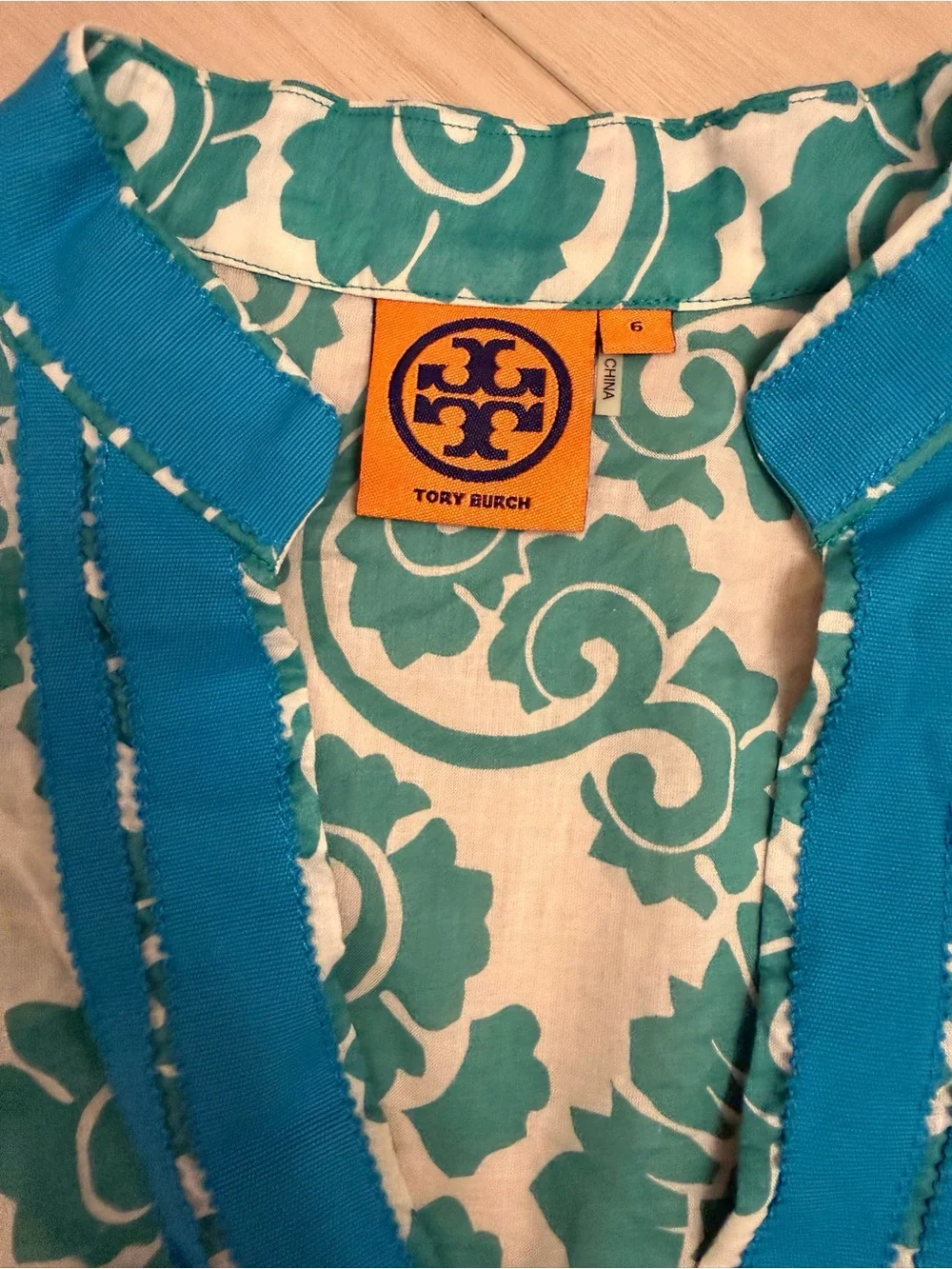 Tory Burch Teal Floral Long Sleeve Tunic